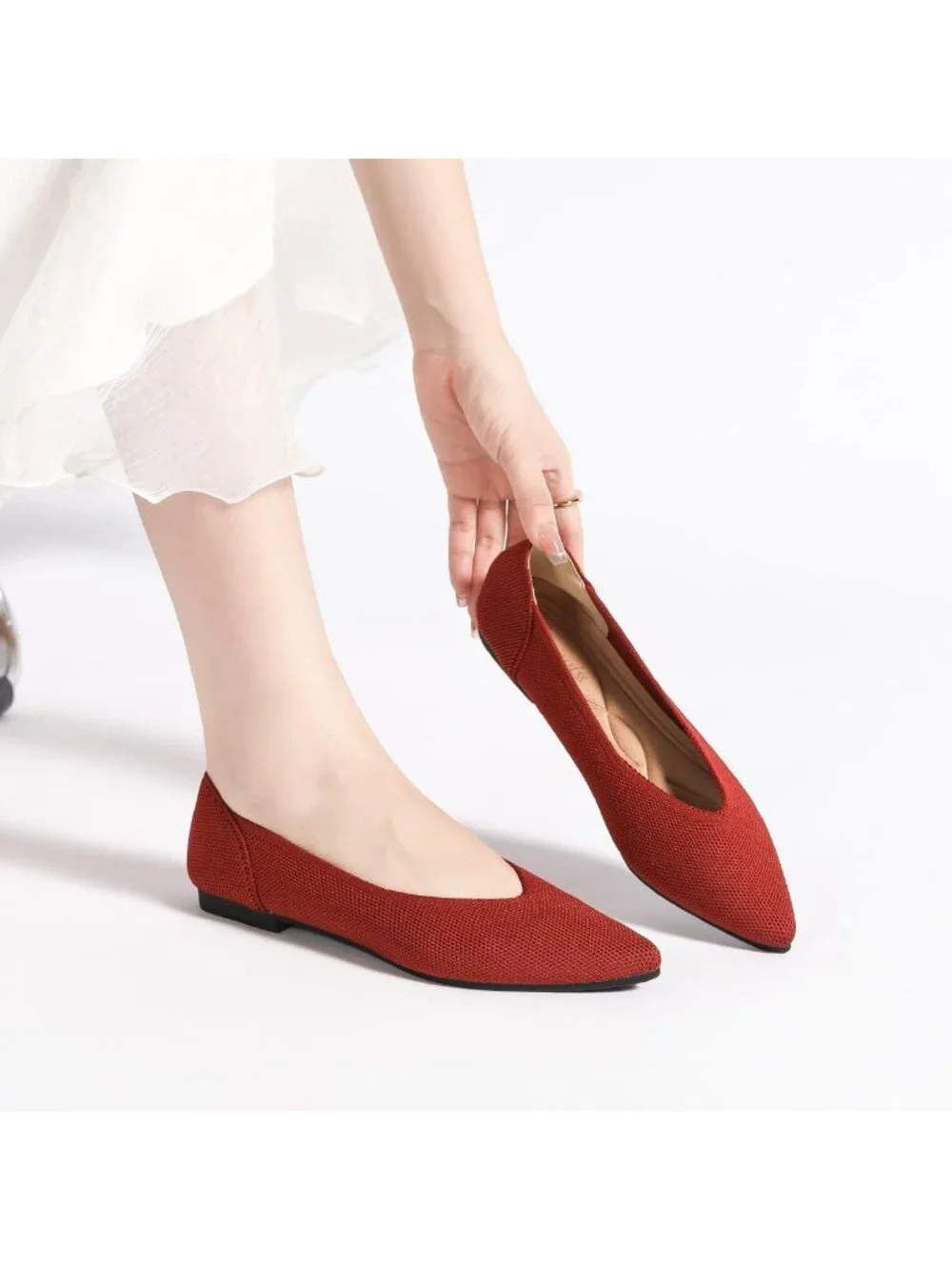 Women's Red Ballet Flats Pointed Toe Comfortable Knit Slip Casual Shoes